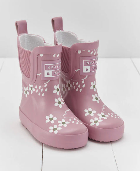 Grass Air Pink Bloom Floral Short Colour-Changing Kids Wellies